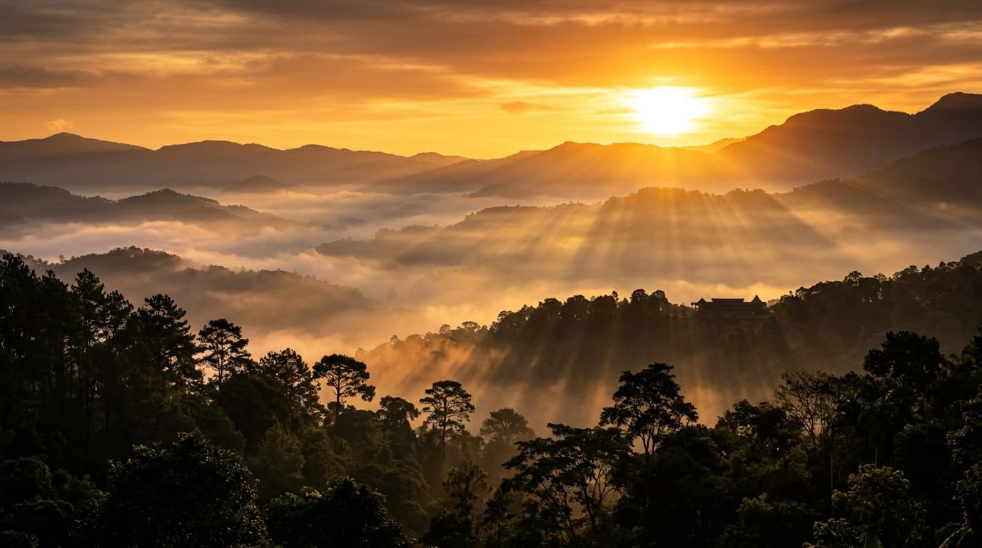 Golden hour painting the Western Ghats ridges in warm amber light.